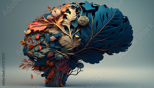 Flower Mind: A Surrealist Composition of a Human Brain Made of Leaves. Created using generative AI, Tuned.
