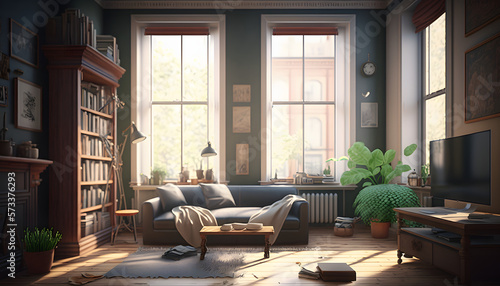 Sunny Serenity: A Peaceful Living Room with Large Window Overlooking the Outdoors