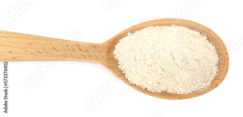 Wooden spoon with quinoa flour on white background, top view