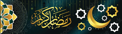 Ramadan Kareem banner design for hijri Islamic month. Green Golden Traditional creative background with Arabic calligraphy art greeting "Happy Ramadhan" for Muslims. Half Moon and gold flowers. Vector
