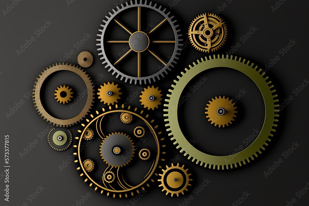AI-generated abstract illustration of brass gears on a dark background. MidJourney. AI-generated abstract illustration of brass gears on a dark background. MidJourney.