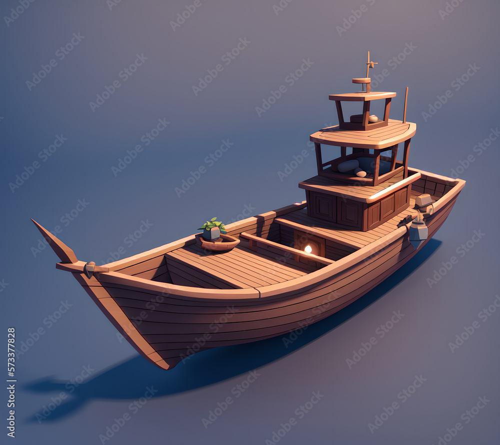 Small wooden fisherboat, 3d isometric reference model, AI generated - obrazy, fototapety, plakaty 