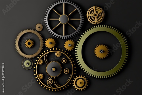 AI-generated abstract illustration of brass gears on a dark background. MidJourney.