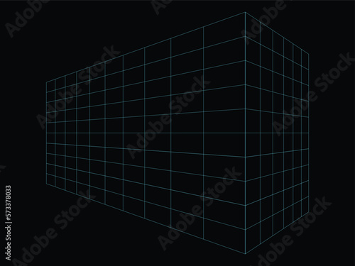 Vector. Neon wire frame building. Two point perspective drawing with the vanishing points placed at the building center line. 3d perspective  architectural background.
