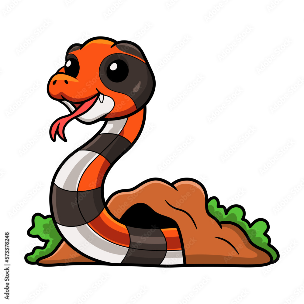 Fototapeta premium Cute cape coral snake cartoon out from hole