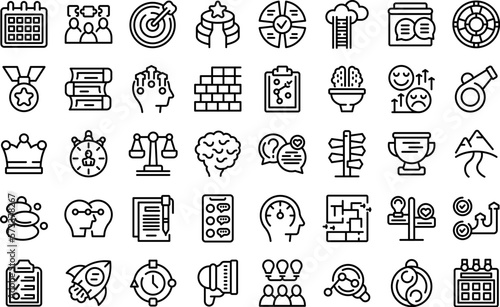 Life coach icons set outline vector. Problem solving. Life activity