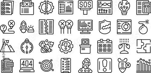 Failed startup icons set outline vector. Broken crash. Rocket down