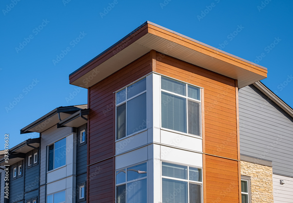 New residential townhouses. Modern apartment buildings in BC Canada. Modern complex of apartment buildings