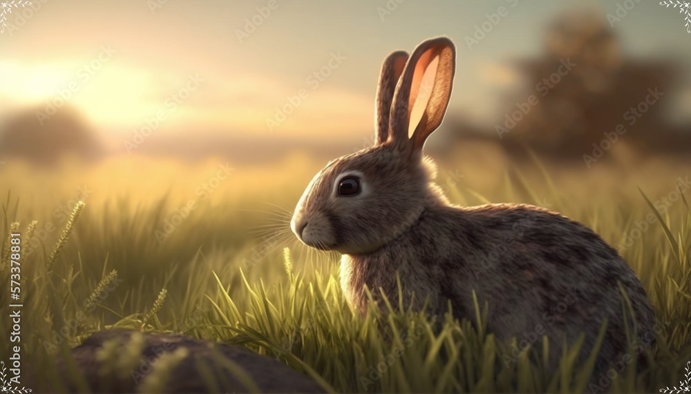 Obraz premium rabbit on a lawn at sunset created with Generative AI technology
