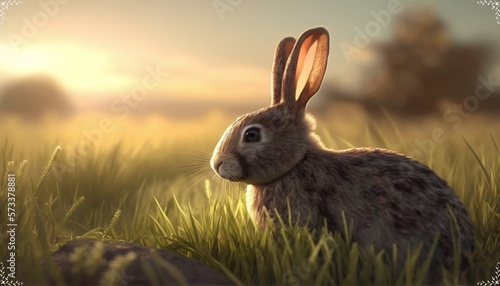rabbit on a lawn at sunset created with Generative AI technology