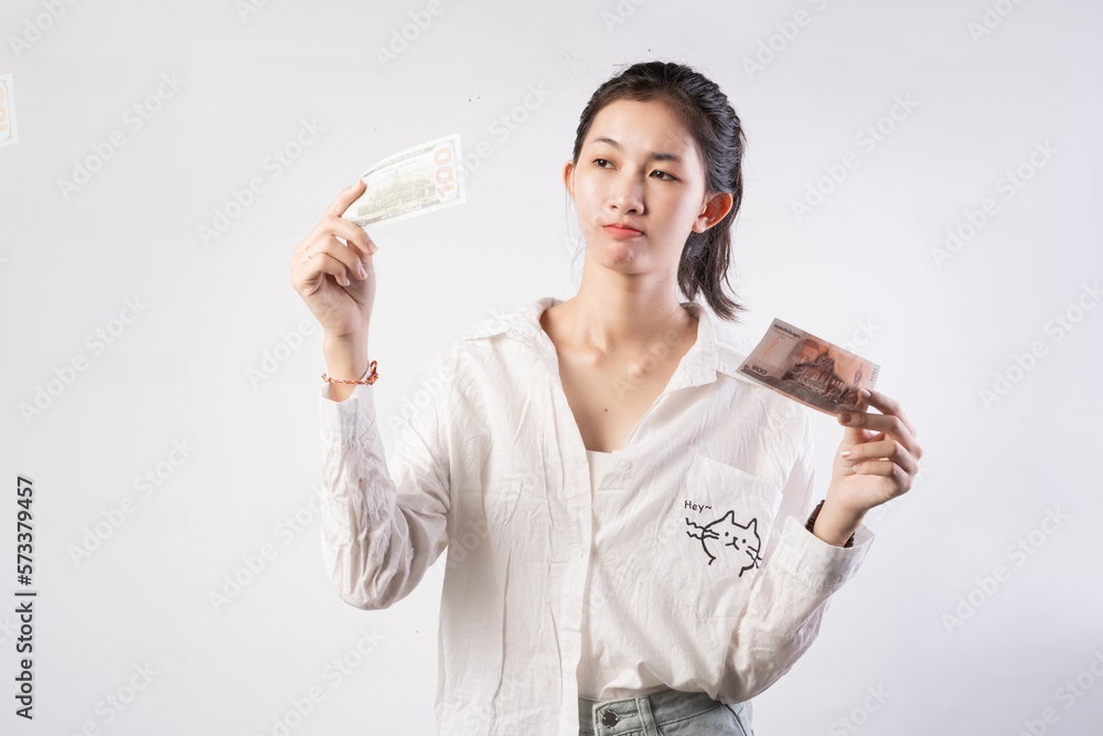 Naklejka premium Business, finance and employment, entrepreneur and money concept. Businesswoman giving you cash, suggest good work with stable big income, smiling inviting for job in her company