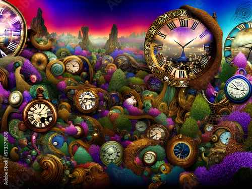 Whimsical time clock dreamscape colorful abstract background seq 3 of 32