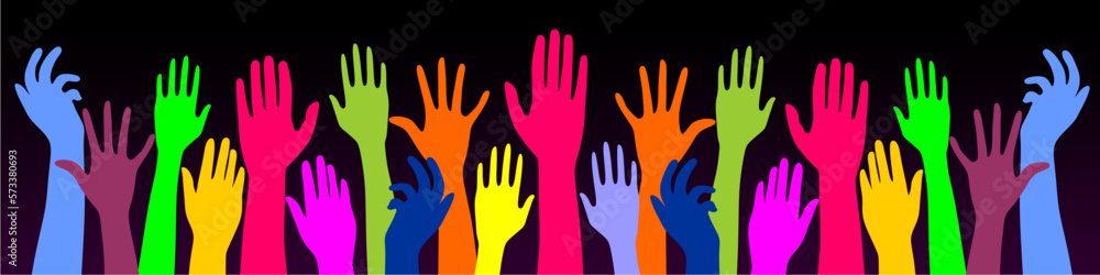 Multiethnic people community integration concept with raised human hands., Colorful up hand background