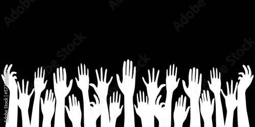 Multiethnic people community integration concept with raised human hands. with black background