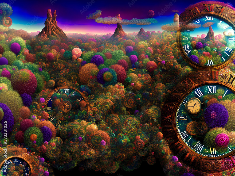 Whimsical time clock dreamscape colorful abstract background seq 28 of 32