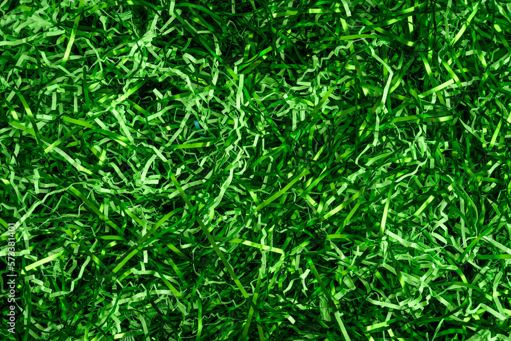 Easter grass, strips of green foil and lighter green paper, as a green background
Easter grass, strips of green foil and lighter green paper, as a green background