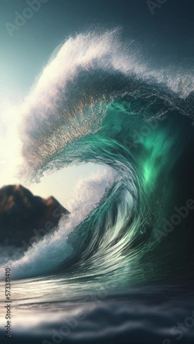 Wave rising into the sky majestic and powerful, volumetric lighting