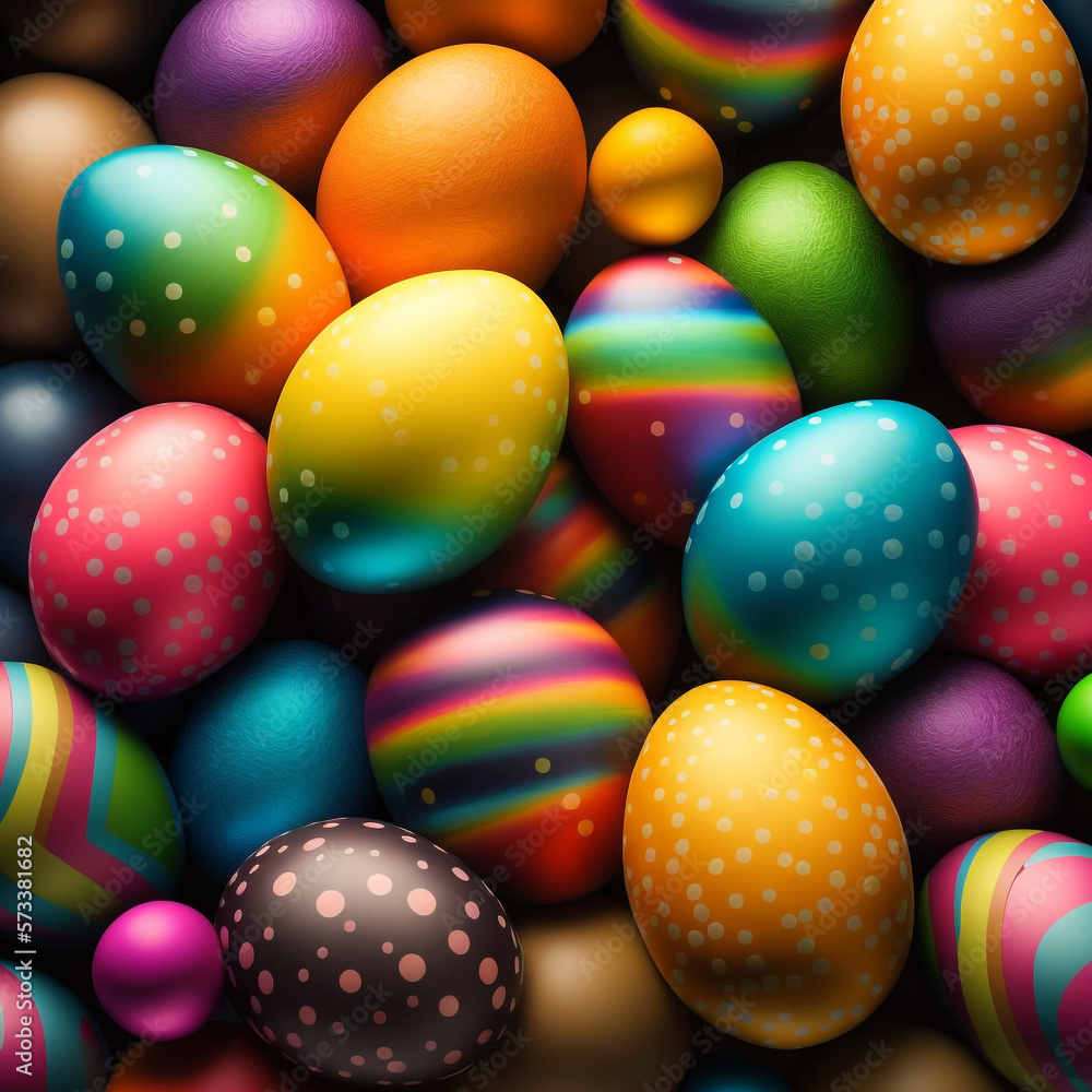 Colorful Easter eggs background, bright metallic colors, generative AI digital illustration