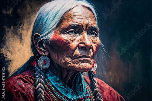 Cherokee old woman portrait, Old West. Generative AI