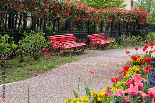 花と赤いベンチ
