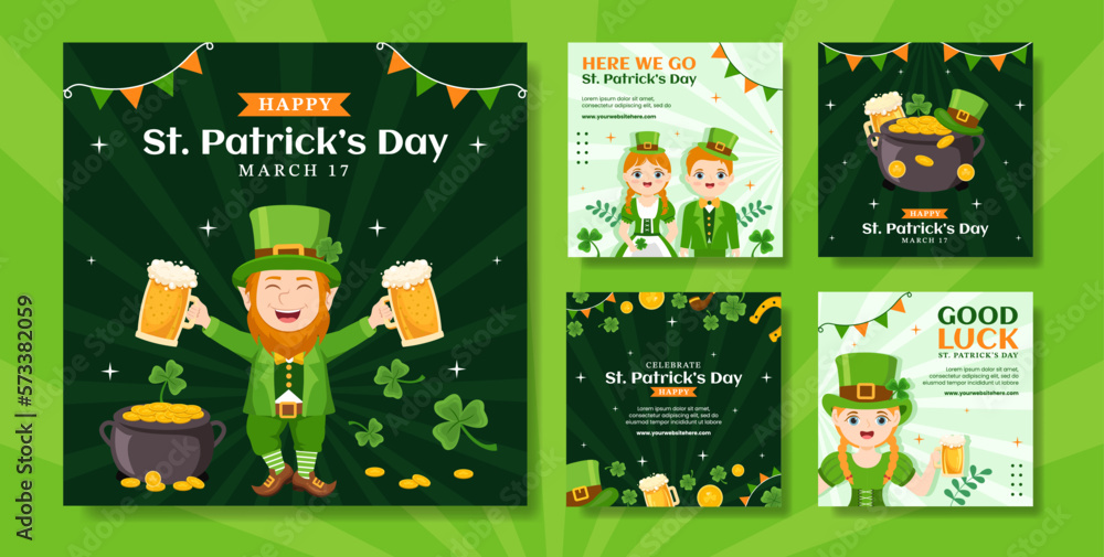Fototapeta premium Happy St Patricks Day Social Media Post Flat Cartoon Hand Drawn Templates Illustration