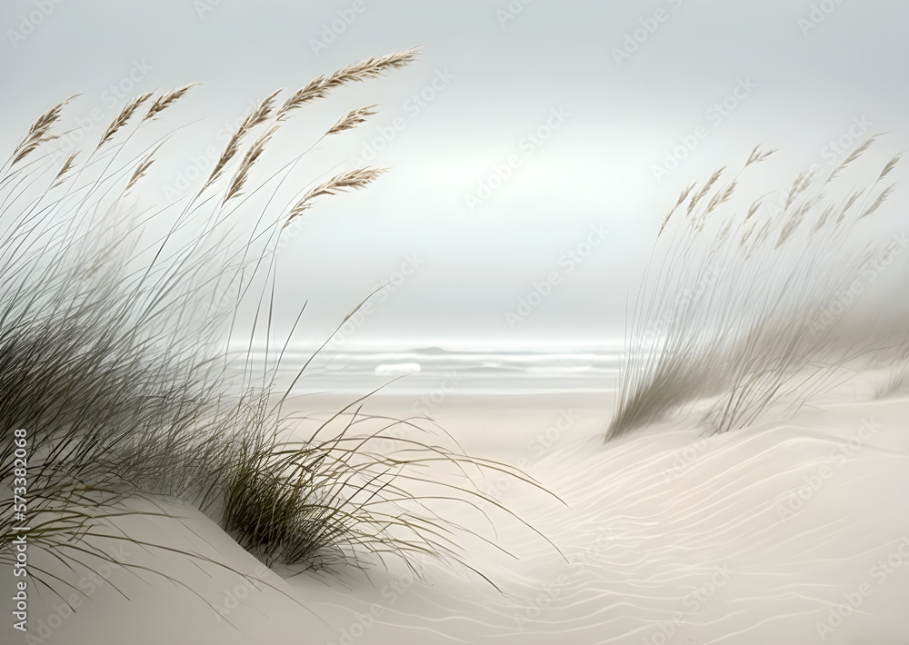 Fototapeta Beach grass sea shore, sand dune, cloudy sky landscape art illustration 