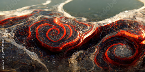 Sedate realistic marco detailed black and red alcohol ink ripples pattern in agate design. Closeup turbulence oil design on marble with glossy golden wave highlight. Generative AI