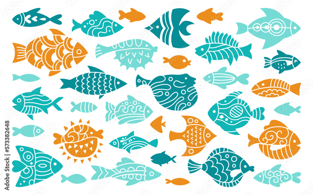 Fish abstract tropical ornamental stamp set. Brand modern trendy exotic aquarium animal printing, doodle cartoon nautical print seal. Simple art ornament freshwater, sea fishes colorful vector element