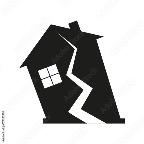 black house crack icon. House after the earthquake. Vector illustration.