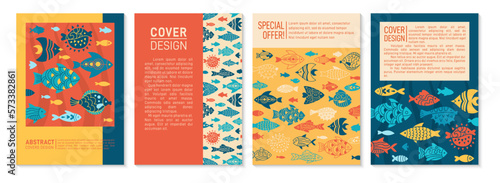 Abstract fish trendy cover, card design set. Exotic nautical pattern page flyer, notebook with ornamental aquarium animals fishes. Brochure social media sea catalog decor. Decorative page background