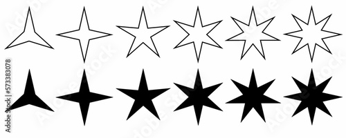 outline silhouette stars icon set isolated on white background.Stars icon with different pointed three, four, five, six, seven, eight
