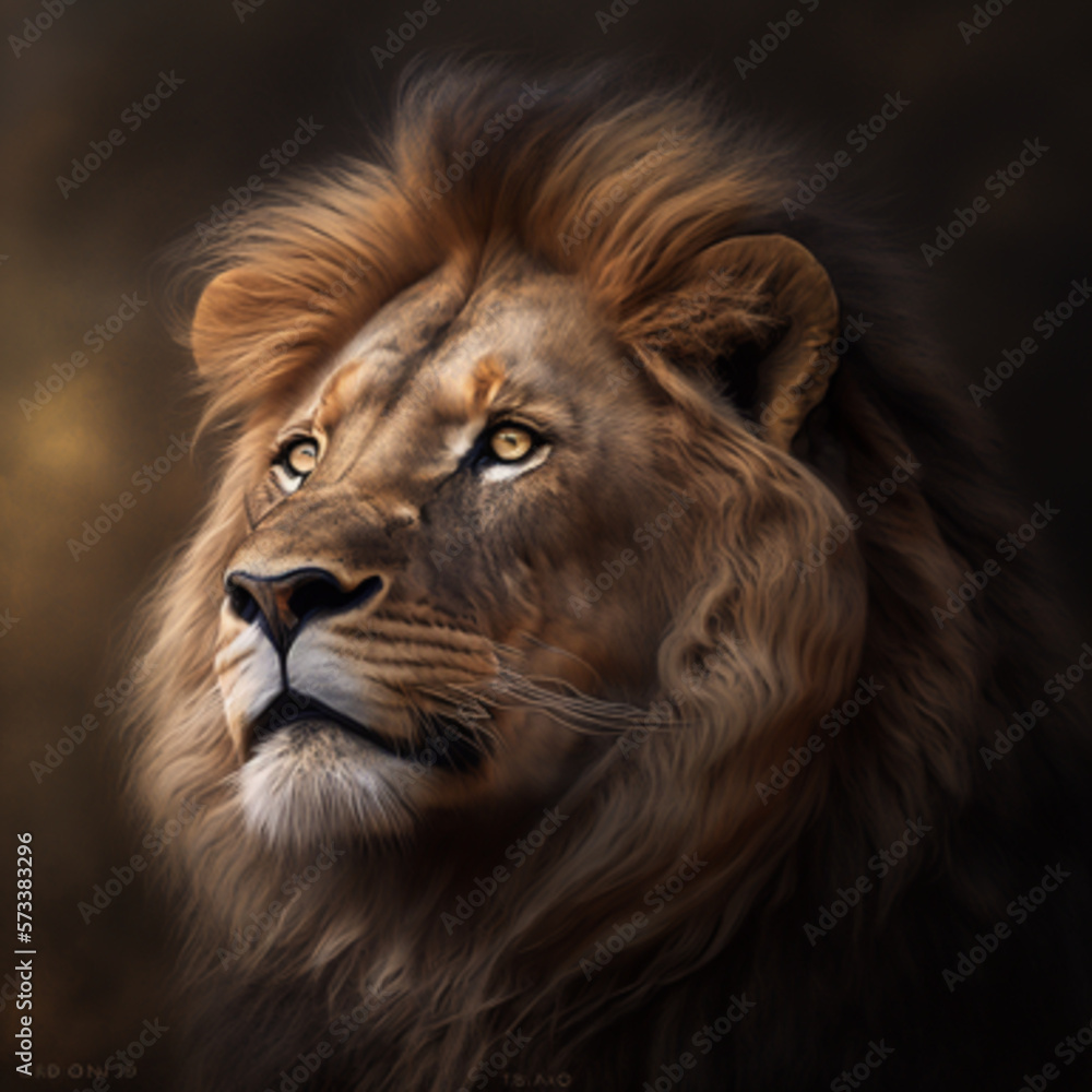 Face of a lion looking up, Generative AI,