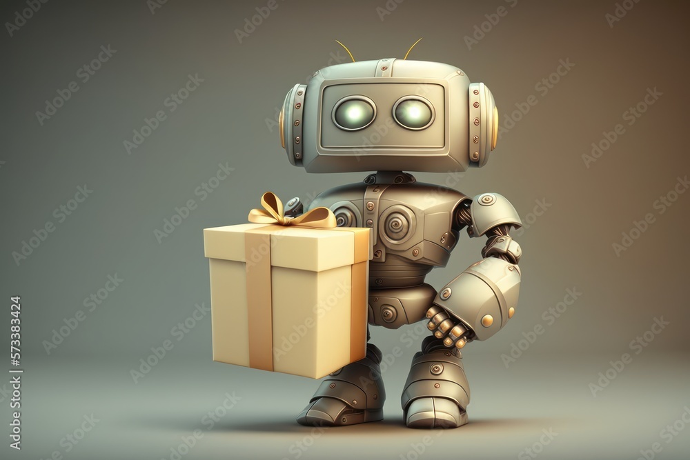 Fototapeta premium Adorable Robot Holding Gift Box for Festive Occasions, generative ai