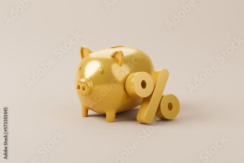 Gold color percentage icon and piggy bank. Save money and investment concept 3d illustration