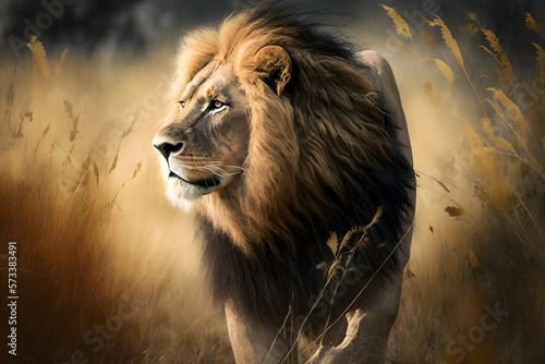 The face of Lion in the savannah.Generative Ai.