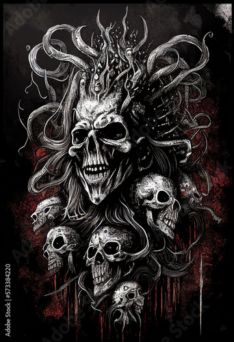 Heavy Metal Poster Illustration with Evil Entity. Skulls, demons and ghosts. Detailed illustration, complex work, generative ai.
