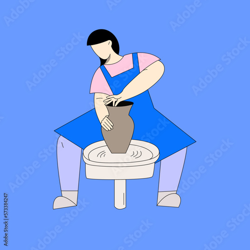 Woman making clay pot at pottery workshop. Artisan at ceramics studio, clayware crafting hobby. Vase making on potter’s wheel. Handmade bowl. Handicraft. Colorful vector illustration in flat style.