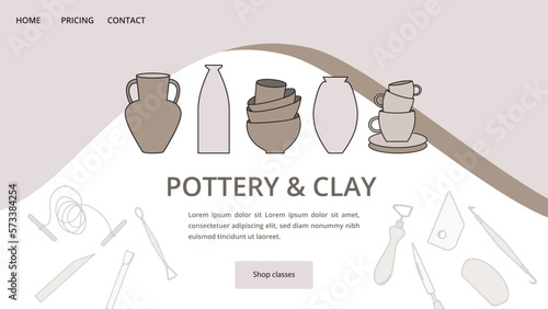 Ceramics workshop at art studio. Set of clay objects including vases, bowls, cups and sculpting tools. Landing page or banner template. Colorful vector illustration in flat style.