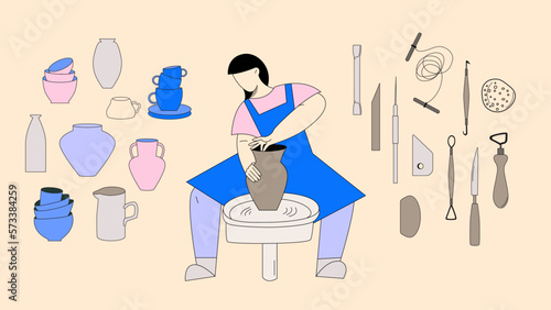 Woman making clay vase at pottery class behind potter’s wheel. Set of clay objects including vases, bowls, cups and sculpting tools. Banner template. Colorful isolated vector illustration.