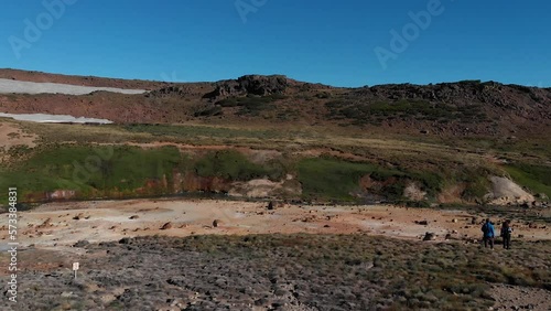 AERIAL - People trekking in Caviahue, Argentina Patagonia, slow motion spinning shot photo