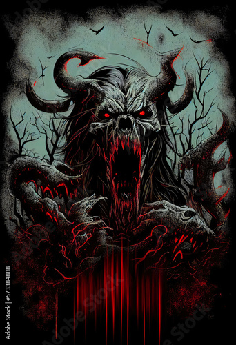 Heavy Metal Poster Illustration with Evil Entity. Skulls, demons and ghosts. Detailed illustration, complex work, generative ai.