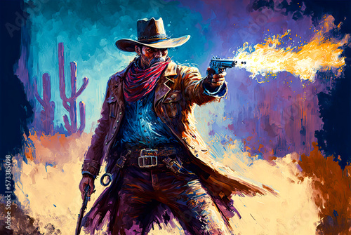 Cowboy or outlaw shooting pistol. Old West. Generative AI photo