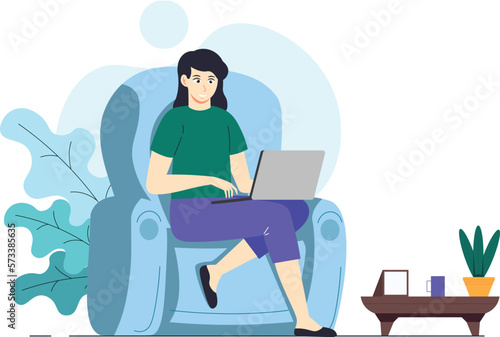 women flat style working in laptop