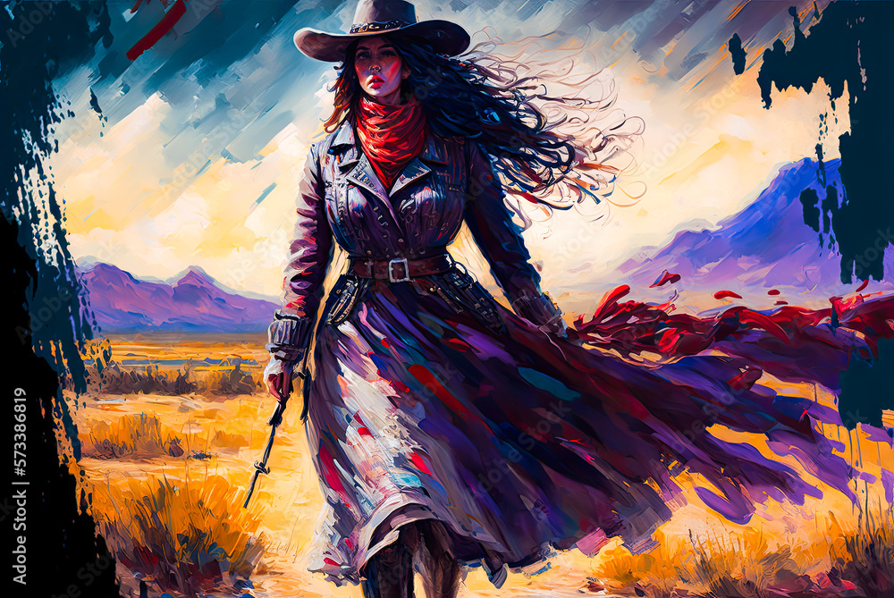Fototapeta premium Woman with wind blown hair, Old West. Generative AI