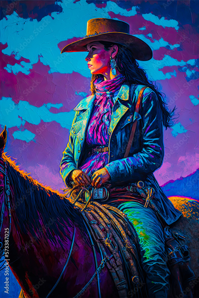 Fototapeta premium Cowgirl on horseback, vertical, Old West. Generative AI