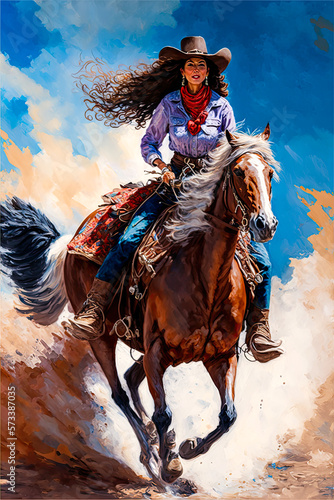 Cowgirl on horseback, vertical, Old West. Generative AI