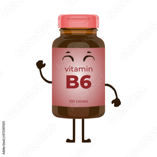 Cute vitamin B6 bottle character vector illustration in trendy flat 3d kawaii doodle design style. Tablets medicine brown bottle icon. Editable graphic resources for many purposes.