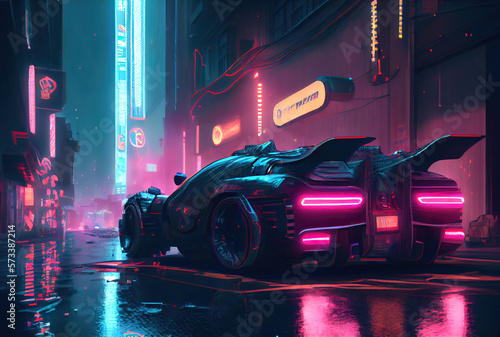 Futuristics car model in orange blue and pink color cyberpunk city background. Transportation and technology concept. Generative AI