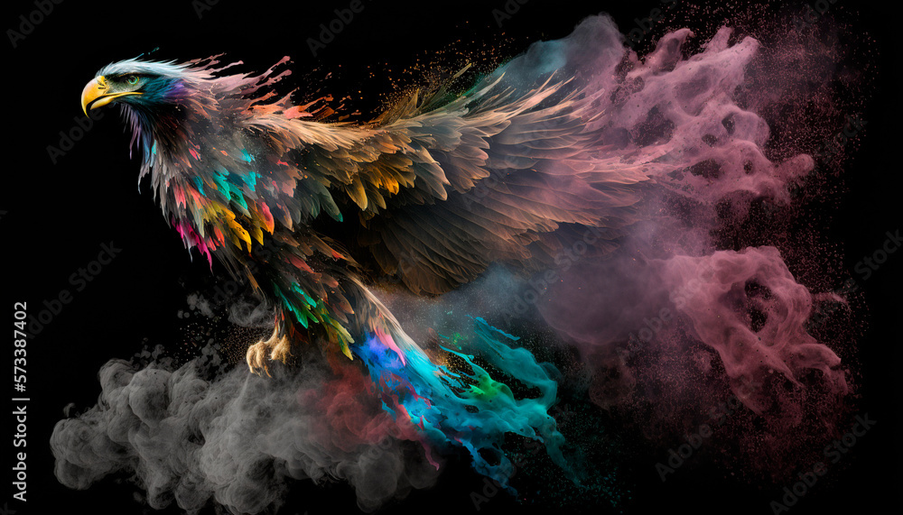 Eagle disintegrating into colors created with Generative Ai technology