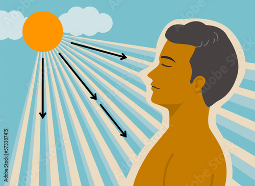 A tan skin man under the sunshine for get more vitamin D from the sun light, healthy lifestyle concept. flat vector illustration.	
